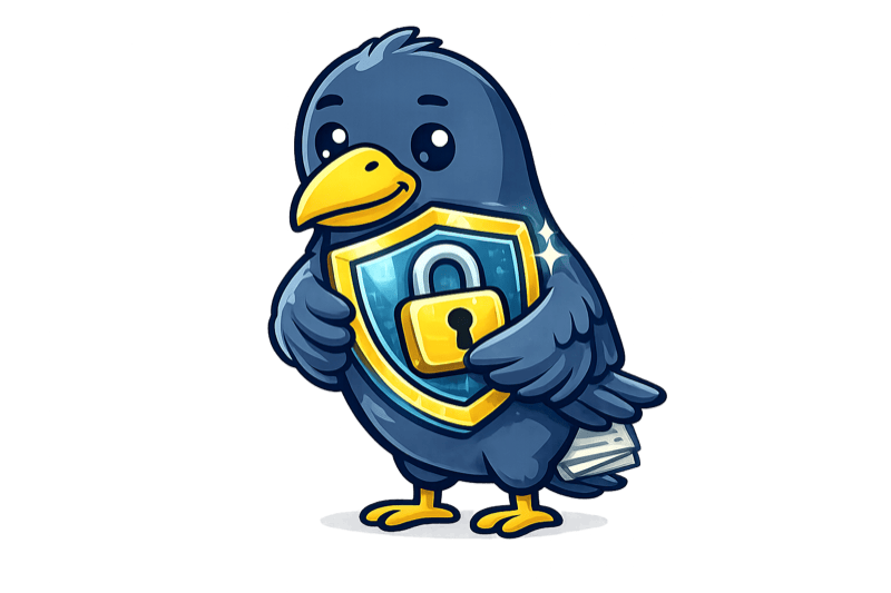 RavenFind raven mascot hugging a shield with a padlock, symbolising private search